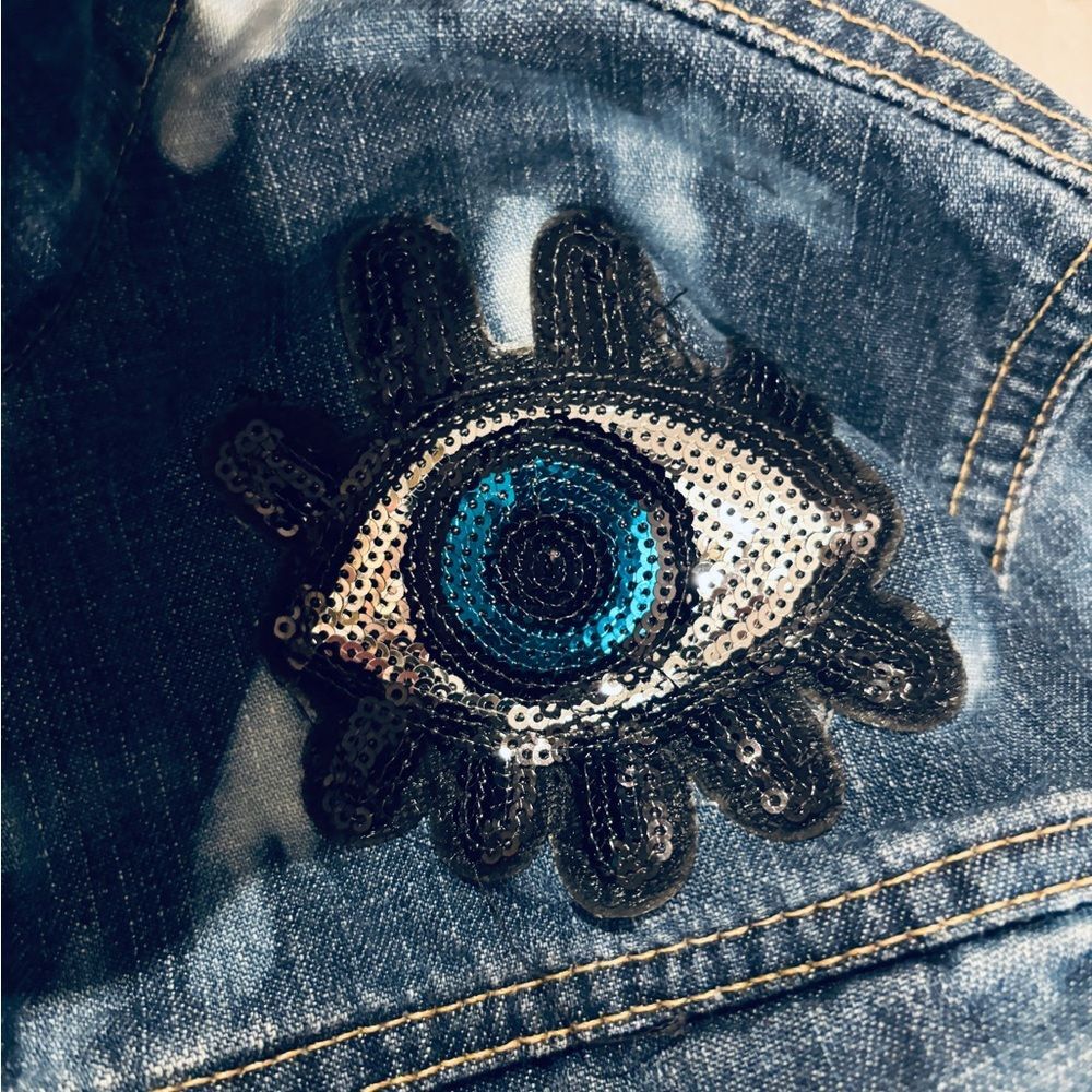 Upcycled reverse dyed Hamosa Hand boho glam Embroidered Jean Jacket L - Picture 5 of 7